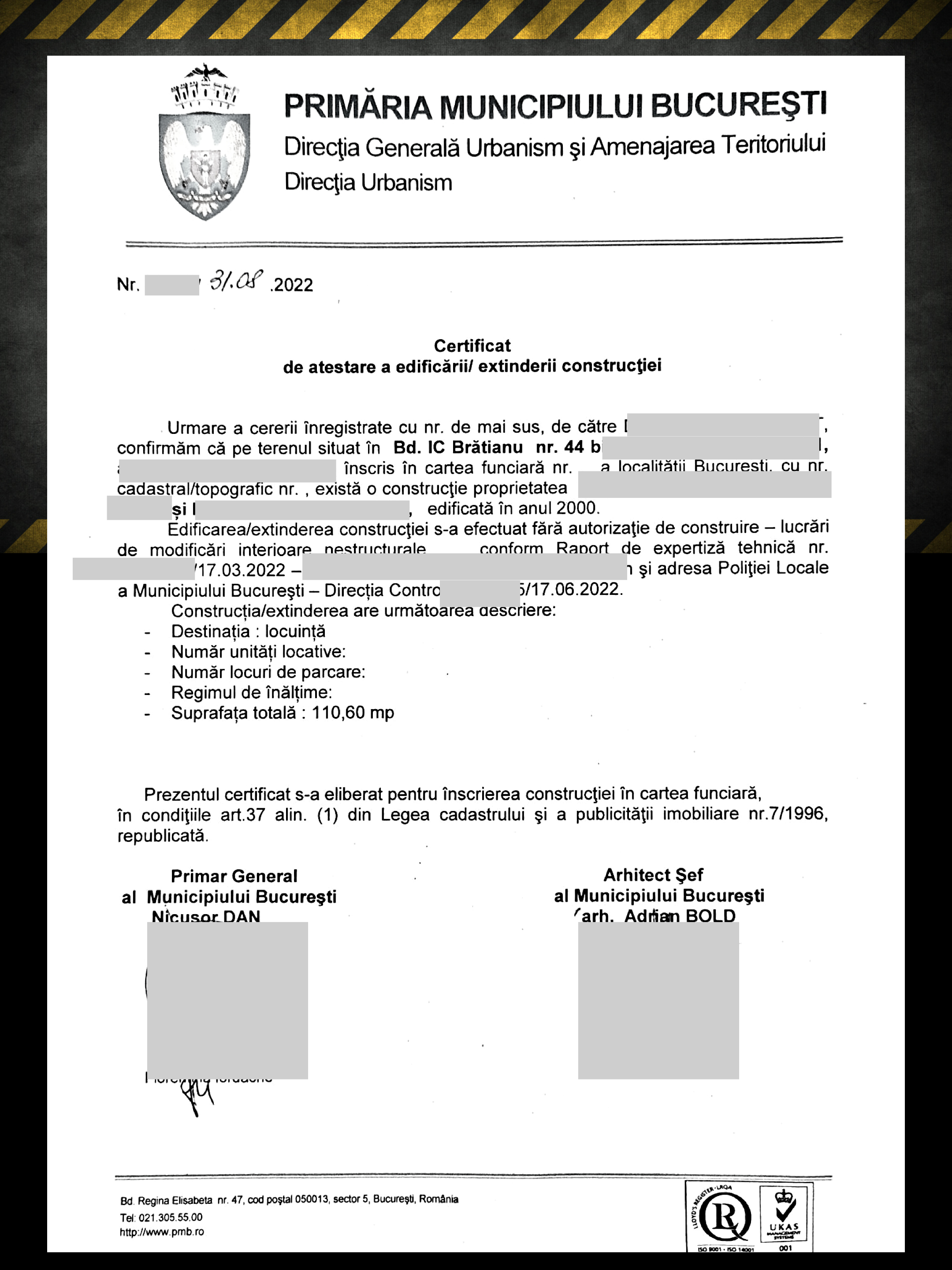 certificat de edificare al constructiei primaria capitalei Bucuresti